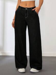 SHEIN Tall 女式低腰直筒蓝色牛仔裤 - 黑色 - 查看 5