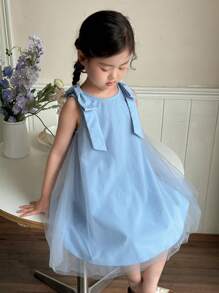 SHEIN Young Girl Simple Japanese Style Loose Casual Bow Decor Cute Skirt Hem Fashion Outdoor Indoor School Back To School Holiday Dress, Spring/Summer - Blue - View 3