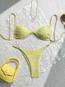 SHEIN Swim 2 件套女士夏季海滩度假纯色特殊纹理面料细肩带文胸 + 褶皱后背比基尼套装 - 黃色 - 查看 3