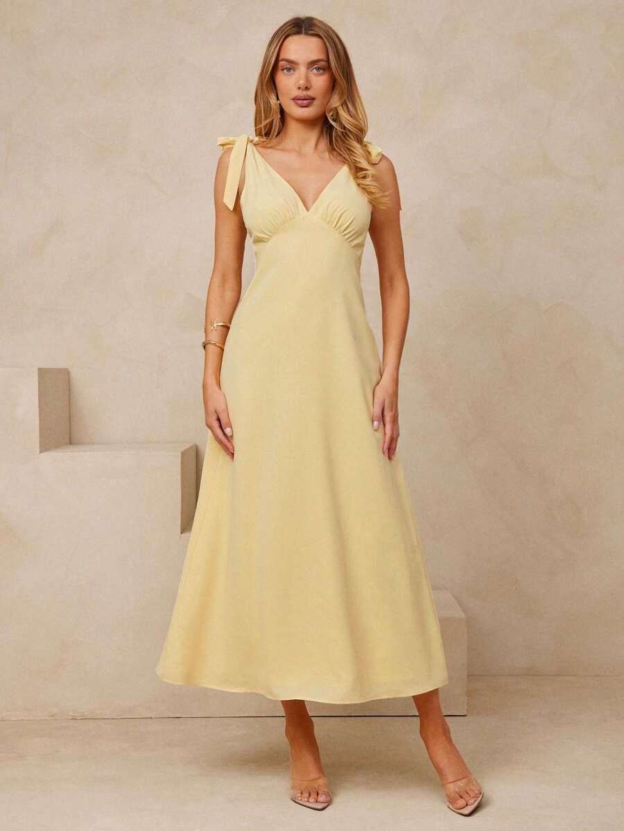 L'Amorae Rochie simplă de vacanță pentru femei, cu talie lungă și umeri legați, de vară - Bej - Vizualizare 1