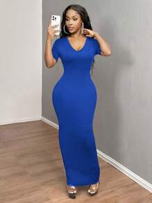 SHEIN SXY 女士纯色 V 领紧身短袖连衣裙 Hoco Dresses - 寶藍色 - 查看 3