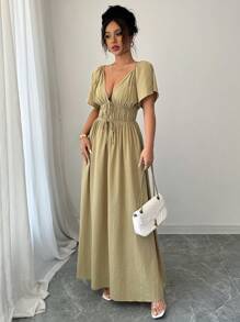 Rafferiza V-Neck Lace-Up Waist In Short Sleeve Loose Elegant Casual Ladies Spring/Summer Vacation Date Dress - Green - View 4