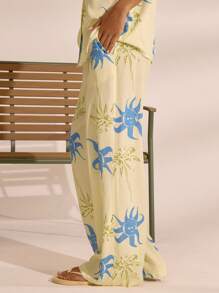MUSERA 亚麻印花直筒裤，夏季度假波西米亚风，伊比沙岛风情，优雅海滩风，可爱迷人。海滩小屋假日休闲装。 - 黃色 - 查看 3