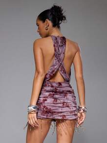 MUSERA Burgundy Autumn 70s Retro Night Out Party Halter Neck Flocked Mesh Ruched Beaded Trim Sleeveless Fitted Mini Dress, Boho Ibiza Festival Beach - Redwood - View 3