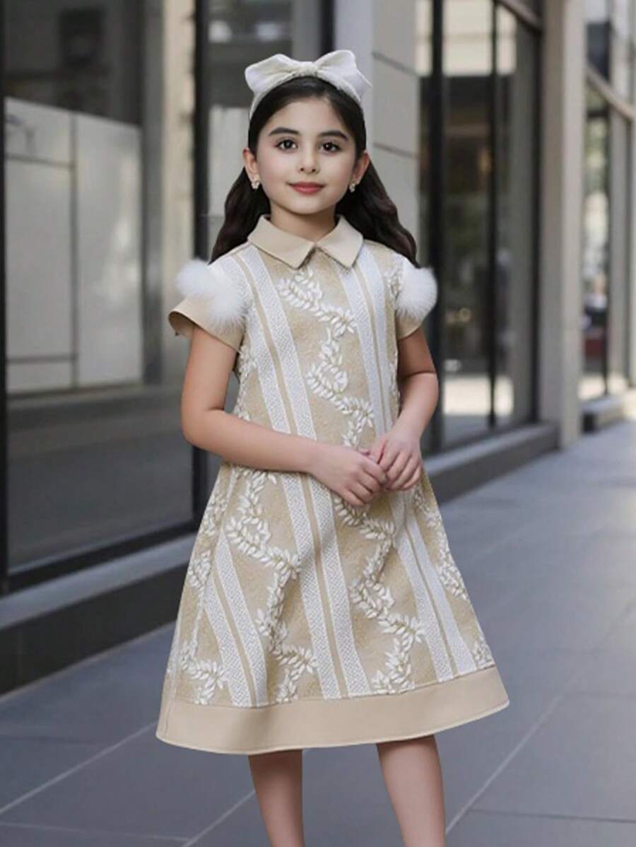 Tween Girl Casual Elegant Dantela Trim Contrast Maneca A-Line Rochie - Kaki - Vizualizare 1