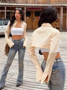 SHEIN EZwear Áo khoác dệt sọc vàng bơ mùa hè dành cho nữ siêu ngắn - Màu vàng - Xem 1