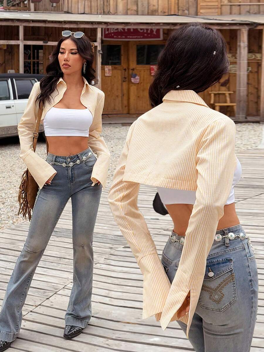 SHEIN EZwear Áo khoác dệt sọc vàng bơ mùa hè dành cho nữ siêu ngắn - Màu vàng - Xem 1