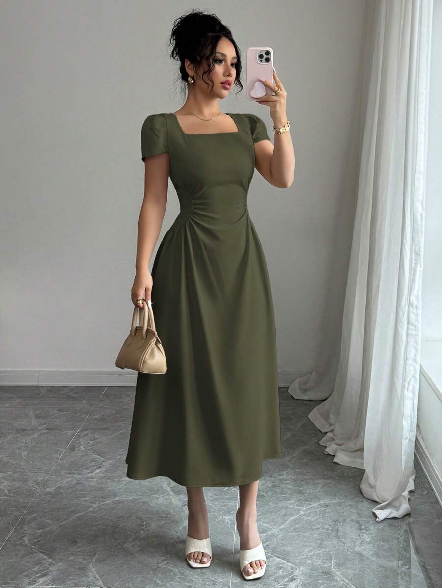 Elenzga Váy dài tay bồng kiểu Pháp thanh lịch đi làm thường ngày đi nghỉ trà chiều đơn giản cổ vuông tôn dáng eo thời trang cho nữ, xuân/hè - xanh quân đội - Xem 1