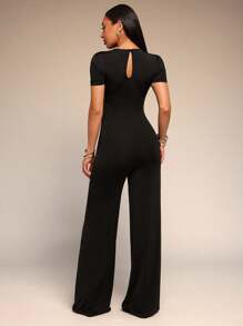 Vixey Gold Metal Trim Low Draped Neck Bandeau Wide Leg Jumpsuit - Black - View 2