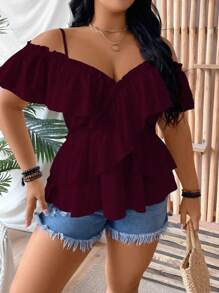 Rometta Áo sơ mi hai dây thiết kế tay bèo nhún lãng mạn màu trơn cỡ lớn Áo peplum Áo sơ mi nữ mùa hè Quần áo mùa hè Quần áo nữ - Màu đỏ tím - Xem 7