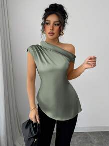 Elenzga Camicetta elegante senza maniche con scollo obliquo e drappeggio sulla spalla, in raso tinta unita, adatta alla primavera/estate