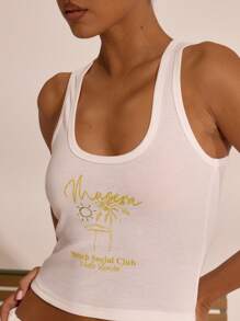 MUSERA 圆领印花背心，春夏度假波西米亚风，伊比沙岛优雅海滩可爱风。海滩别墅假日机场印花T恤 - 白色 - 查看 5