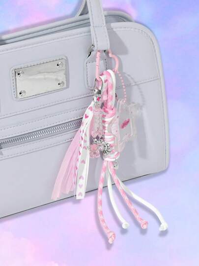 Kawaii 1pc Ins Style Elegant Minimalist Versatile Crystal Look Resin Star, Heart, Bow, Teddy Bear Beaded Chain, Acrylic Star Photo Frame, Pink Woven Strap DIY Keychain, Bag Charm, Phone Decorative Accessories, Suitable For Ladies Daily Wear, Holiday Gift