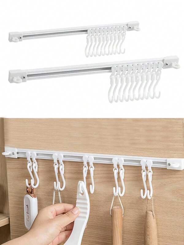 Adjustable Sliding Rail Hooks - No-Drill Multi-Hook Organizer For Kitchen & Door, Space-Saving Wall-Mounted Rack With Gliding Design, Bathroom Storage Solution