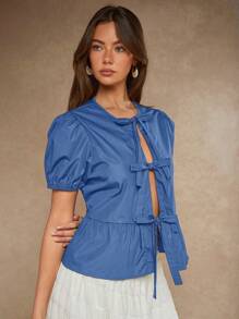 COSMINA 女式夏季纯色系带泡泡袖荷叶边下摆衬衫 - 藍色 - 查看 6