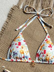 SHEIN Swim 2 件套碎花高腰丁字裤比基尼，多色女式泳衣海滩度假泳衣 - 彩色 - 查看 4