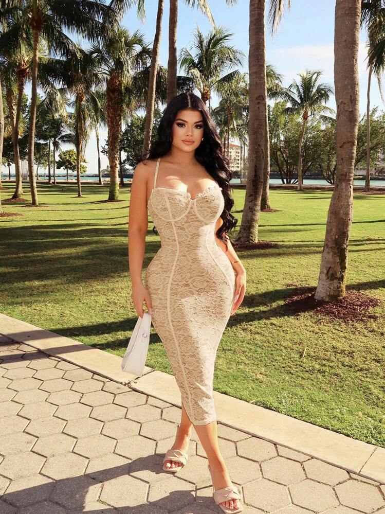SHEIN SXY Vestido de verano de mujer, elegante francés, con vestido de corsé ajustado de encaje - Beis - Añade 3