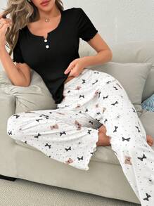 SHEIN 2pcs Solid Color Squarehexagon Neck Short Sleeve Sleepwear & Bear Polka Dot Printed Pants Women Pajama Set - Black - View 3