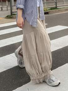 FRIFUL 女式褶边网眼拼接阔腿裤，休闲百搭宽松度假沙滩装，返校服