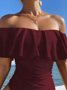 Swim Vcay Springbreak Elegant Women's Ruffle Off-Shoulder Red Drawstring One-Piece Swimsuit, Perfect For Beach Vacation, Festival And Boho For Summer - Burgundy - View 4
