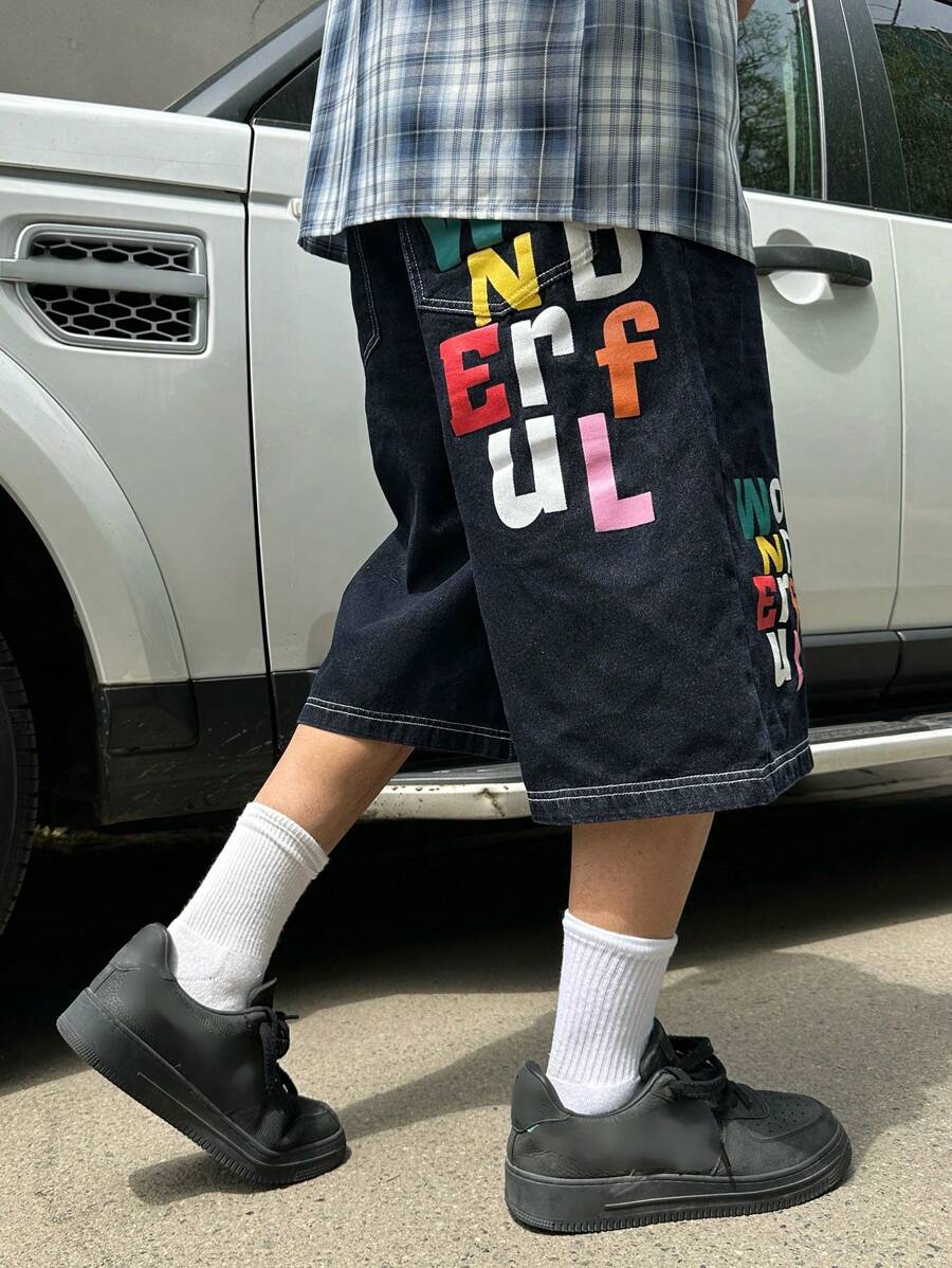 DAZY Men's Letter Print Casual Denim Shorts, Summer, Back Top School - Blue - View 1