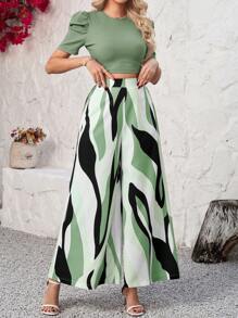 SHEIN Clasi 2 件套女士度假纯色圆领泡泡袖上衣和全身印花阔腿裤套装