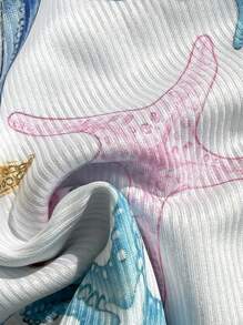 Swim Vcay Summer Vacation Random Print Ribbed Texture Fabric High Cut Bikini Bottom