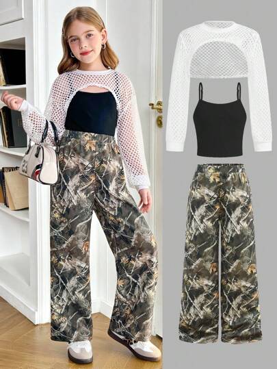 Tween Girls 3-Piece Set: Camo Pants, Camisole Top, And Mesh Cover-Up