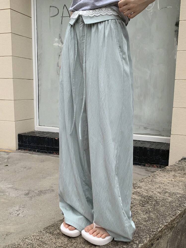 Women's Contrast Lace Tie Waist Wide Leg Casual Loose Pants For Vacation, Summer