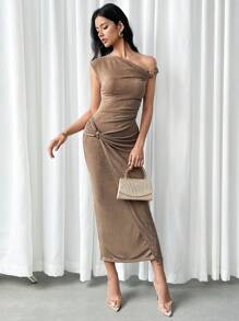 Modelyn Women's Elegant Ruched Shoulder Cinched Waist Dress, Summer - Brown - View 6