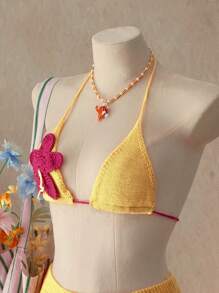SHEIN Swim 女士针织挂脖罩衫，夏季时尚 - 黃色 - 查看 4