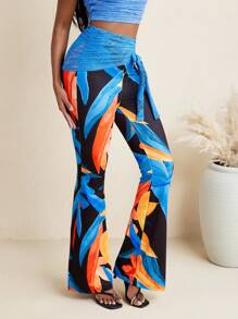 LUNA B 女士花卉印花蕾丝蝴蝶结腰喇叭裤夏季度假海滩