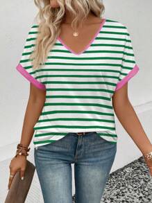 SHEIN VCAY Women's Casual Contrast Collar And Cuff Striped Print Pattern Fashion T-Shirt - Multicolor - View 6