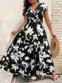 SHEIN Clasi Abito casual da donna estivo, con scollo a V, vita elastica, bicolore nero e bianco, che affina la silhouette e allunga le gambe, adatto per le vacanze