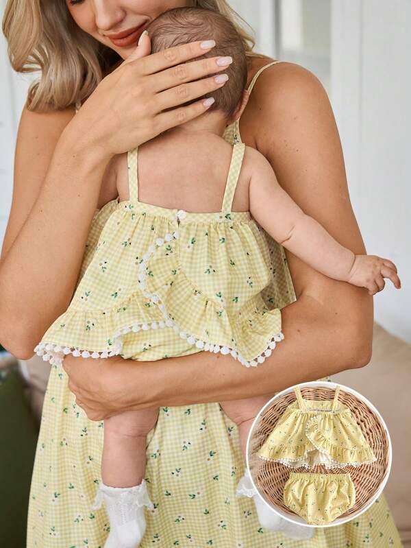 Newborn Baby Girls' Cute Ditsy Floral Plaid Sleeveless Top And Elastic Waist Shorts Set, Summer