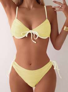 Swim Mod Women's Summer Beach Ruffle Tie Sexy Bikini Set - Yellow - View 3