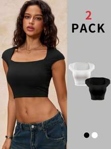 Glamine 2 Piezas Conjunto de Tops sin mangas de cuello cuadrado en color blanco y negro, Top básico para mujer, Top de verano, Crop Tops