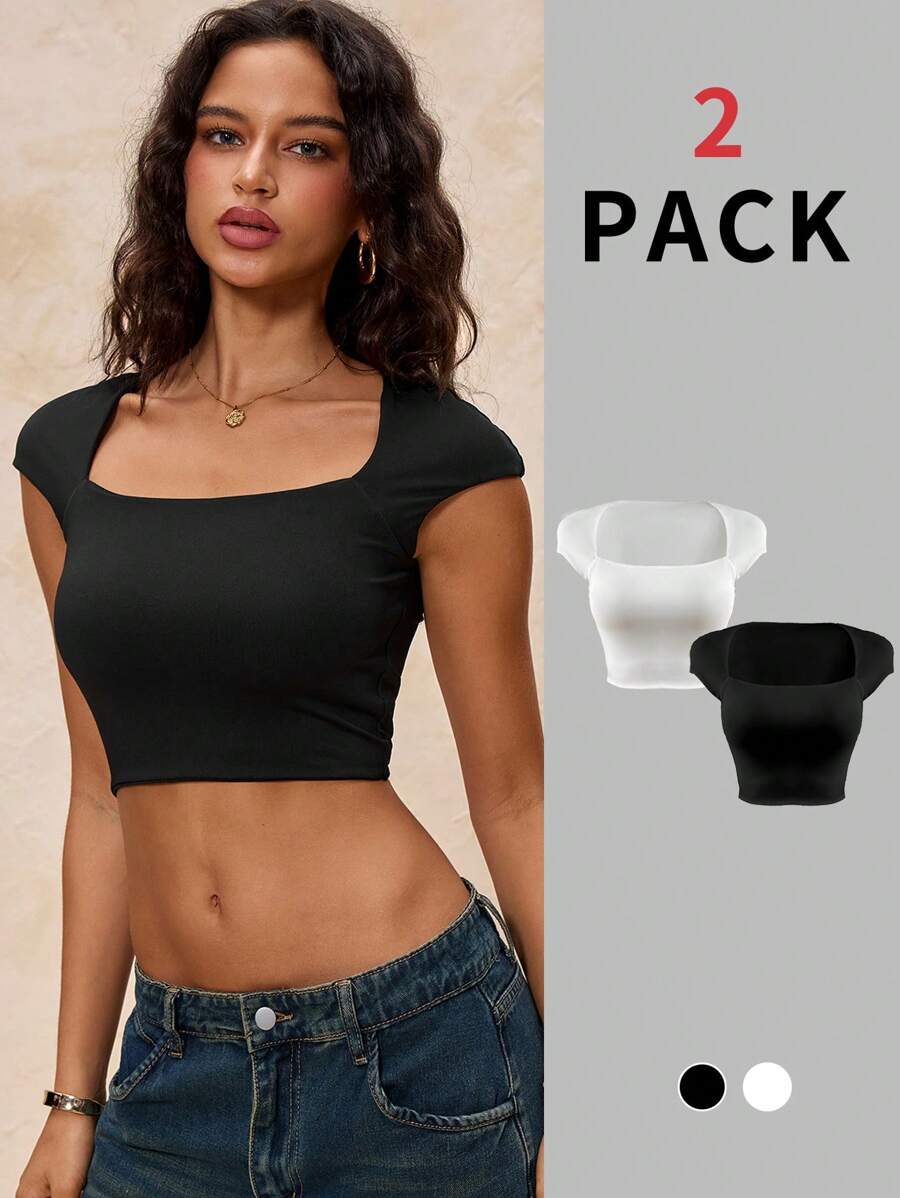 Glamine 2 Piezas Conjunto de Tops sin mangas de cuello cuadrado en color blanco y negro, Top básico para mujer, Top de verano, Crop Tops