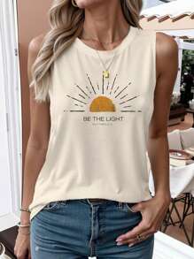 INAWLY Áo tank top mùa hè "Trở thành mặt trời rực rỡ" - Áo không tay dáng rộng, thoải mái, in hình tia nắng và chữ kiểu cổ điển dành cho nữ. - Màu be - Xem 3