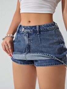 SHEIN ICON 女式休闲水洗迷你牛仔裙，夏季 - 中等水洗藍 - 查看 4