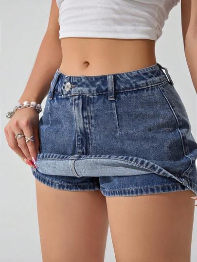 SHEIN ICON 女式休闲水洗迷你牛仔裙，夏季
