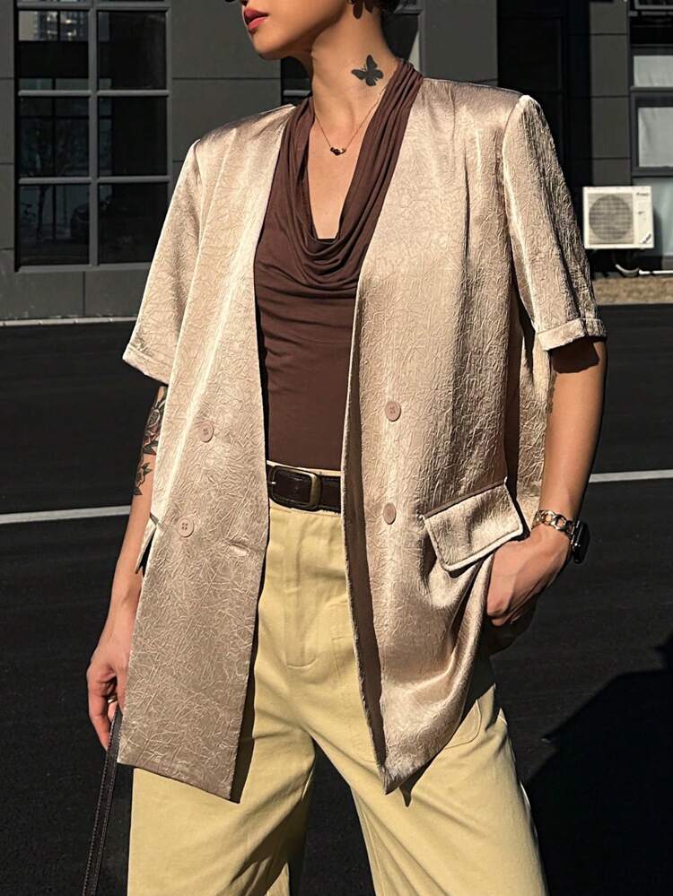 Women's Summer Satin Short Sleeve Blazer, Urban Casual Elegant Thin Suit Jacket Business Attire