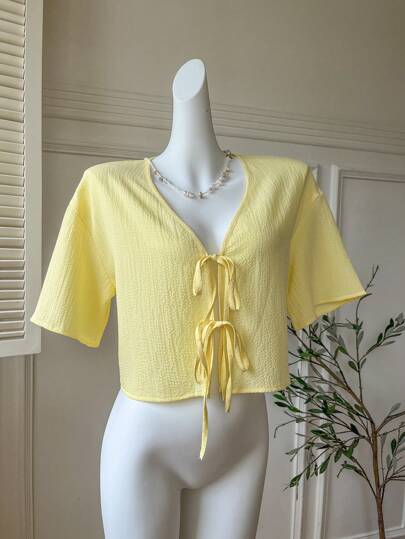 Comfortcana Summer Butter Yellow Women's Minimalist Textured Front Tie Yellow Woven Blouse