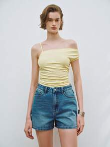 Lumivelle Women's Plain Color Ruched Asymmetrical Collar Elegant Top, Summer - Yellow - View 5