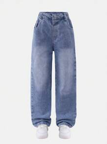 Tween GirlsWashed Light Blue Loose Straight Leg Jeans For Autumn - Light Wash - View 1