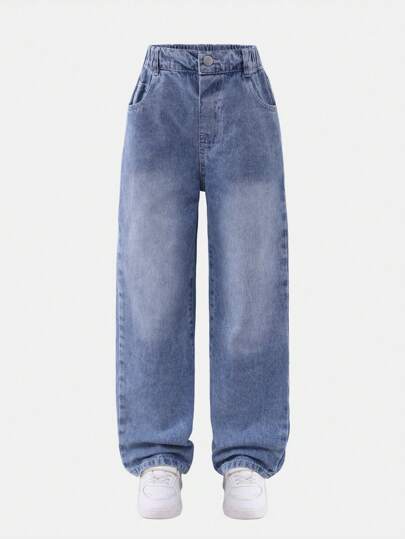 Tween GirlsWashed Light Blue Loose Straight Leg Jeans For Autumn