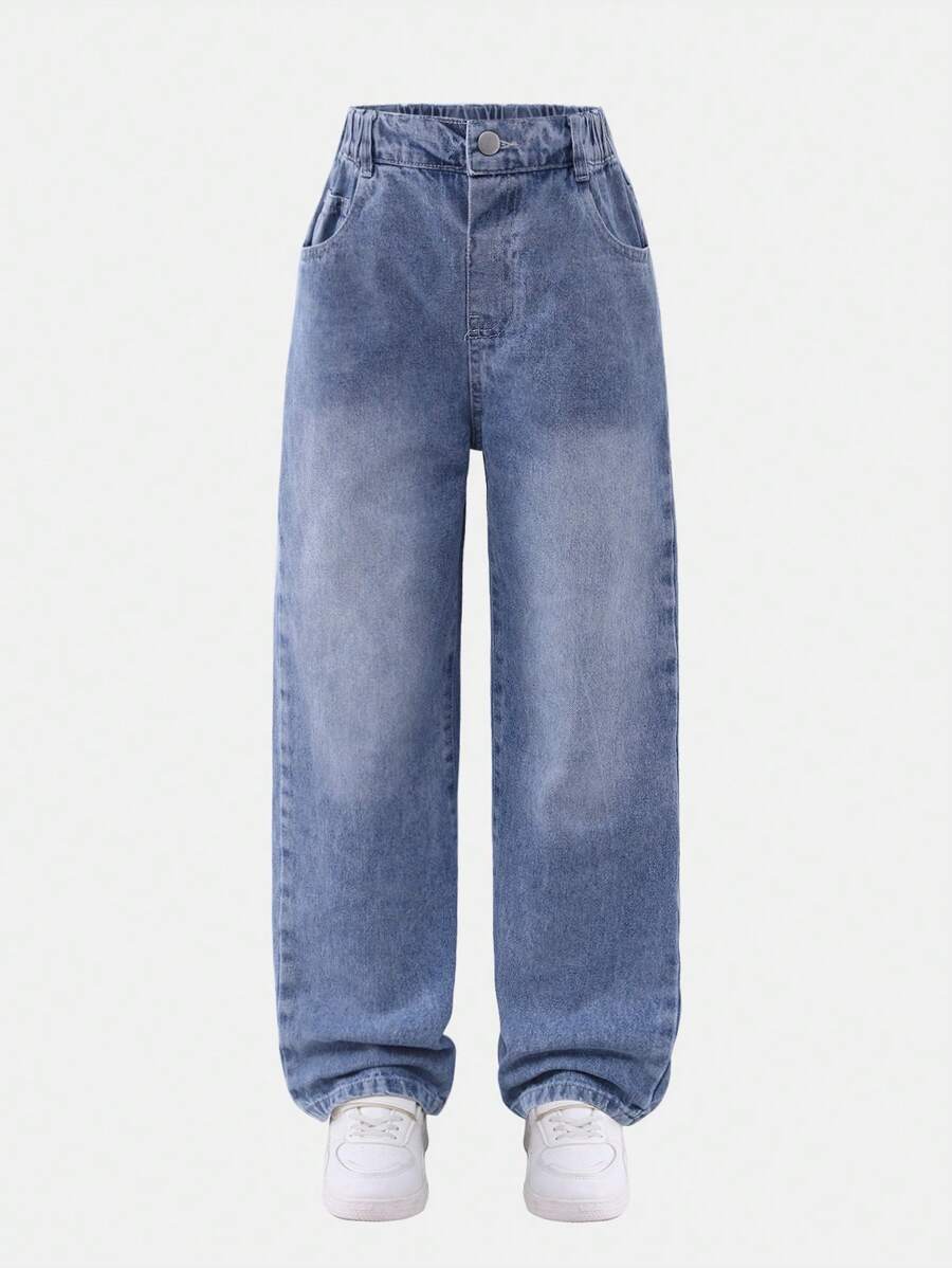 Tween GirlsWashed Light Blue Loose Straight Leg Jeans For Autumn - Light Wash - View 1