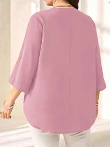 EMERY ROSE Plus Size Women's Purple Red 3/4 Sleeve Blouse, Early Spring - Pink - View 3