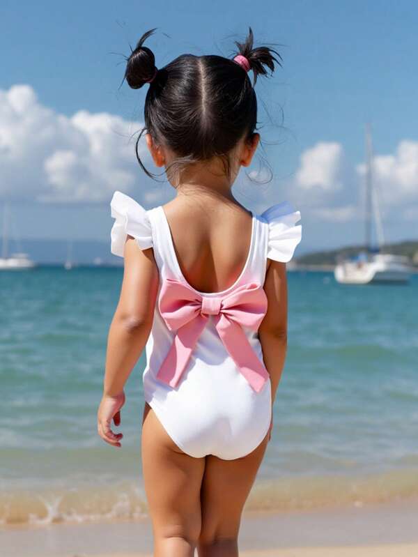 SHEIN Baby Girl Floral Bow Decor Ruffle One-Piece Swimsuit