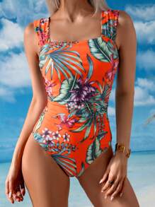 Swim Lushoire 1pc Women's Tropical Plant Print One-Piece Swimsuit, Vacation For Summer